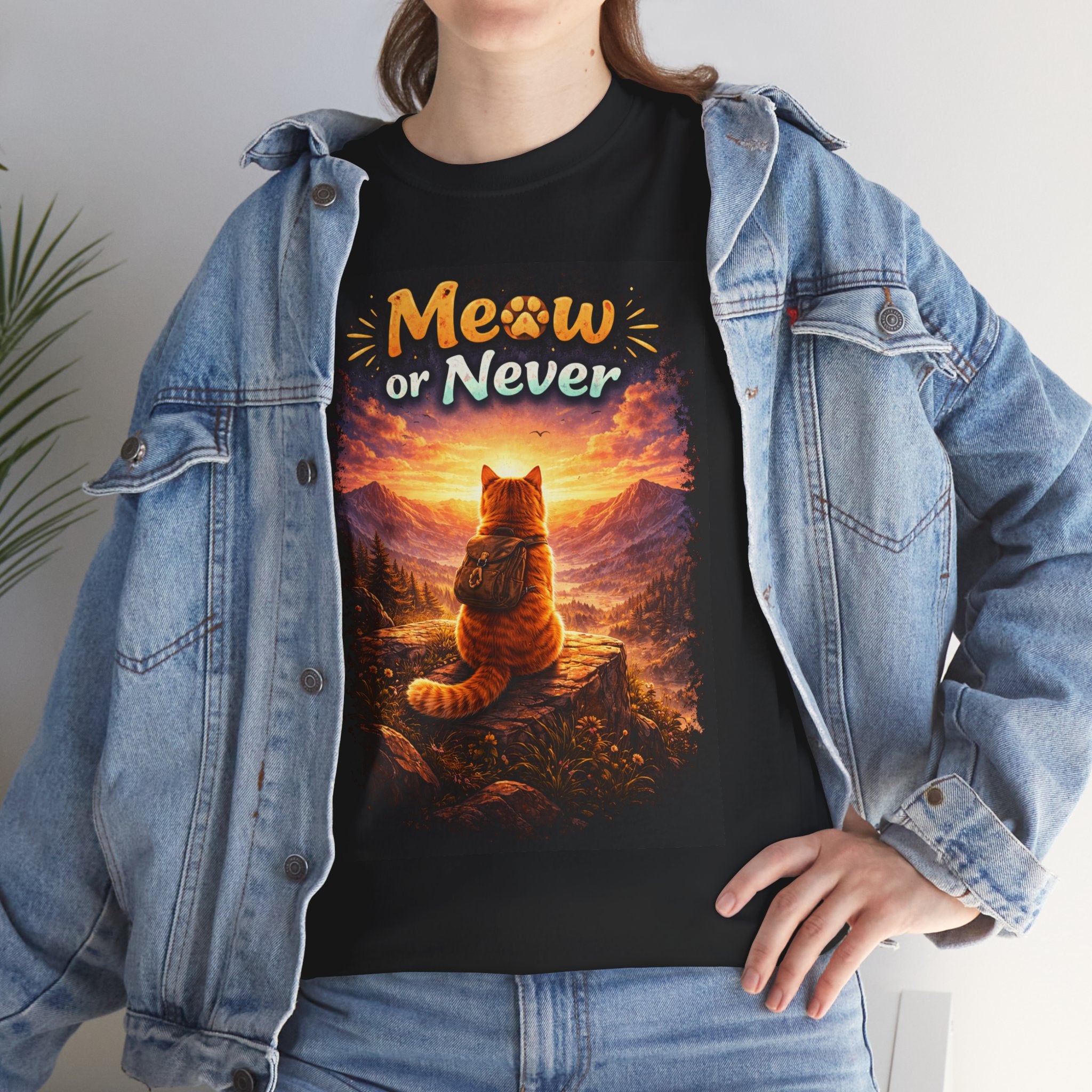 Meow or Never Cat T-Shirt — Sunset Cat Graphic Tee for Cat Lovers
