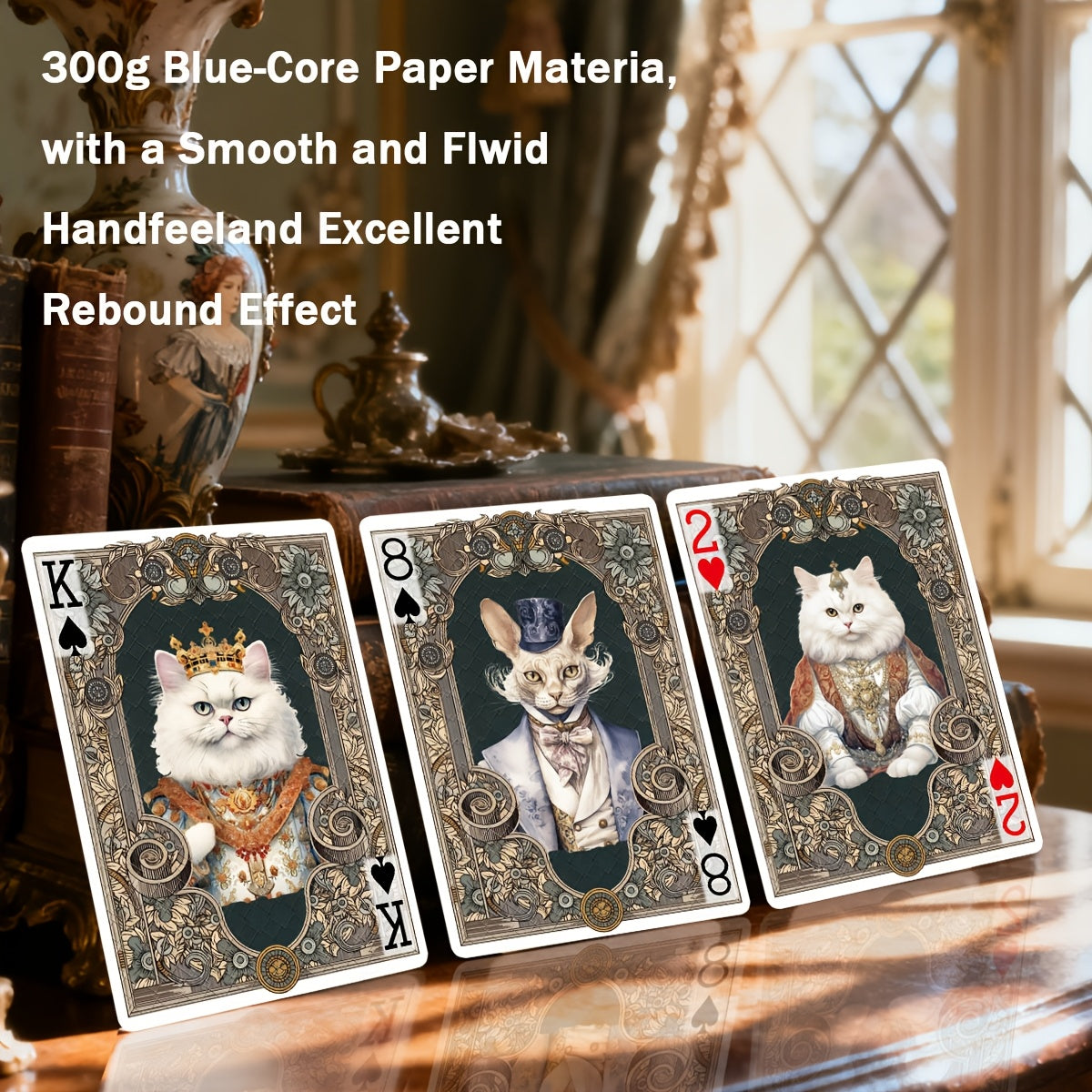 Victorian-style Court Cat Themed Playing Cards, 54 Uniquely Illustrated Non-repeating Cards, International Standard Size, Double-sided Anti-slip Texture Design, Black Core Paper Material, High-end Playing Cards, Suitable for Family Gatherings and