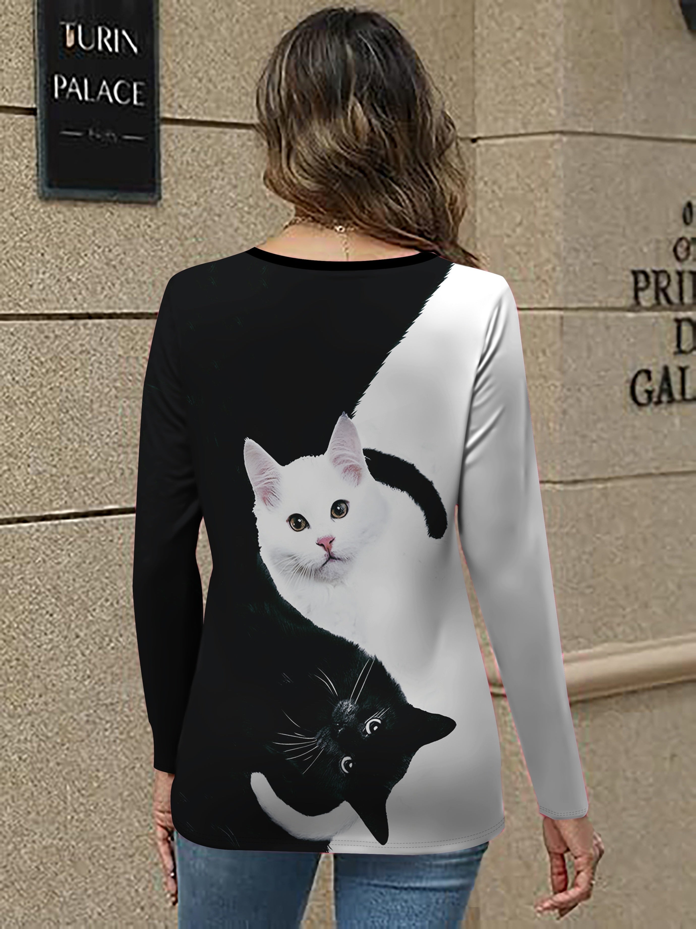 Elegant Women'S V-Neck Cross Strap Printed Long Sleeve T-Shirt Featuring Trendy 3D Black And White Cat Designs.