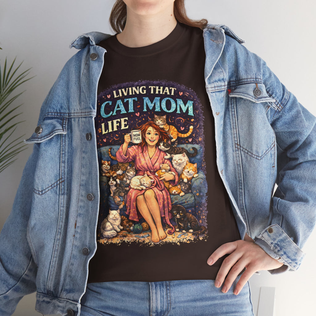Cat Mom T-Shirt — "Living That Cat Mom Life" Vintage Cat Lover Tee