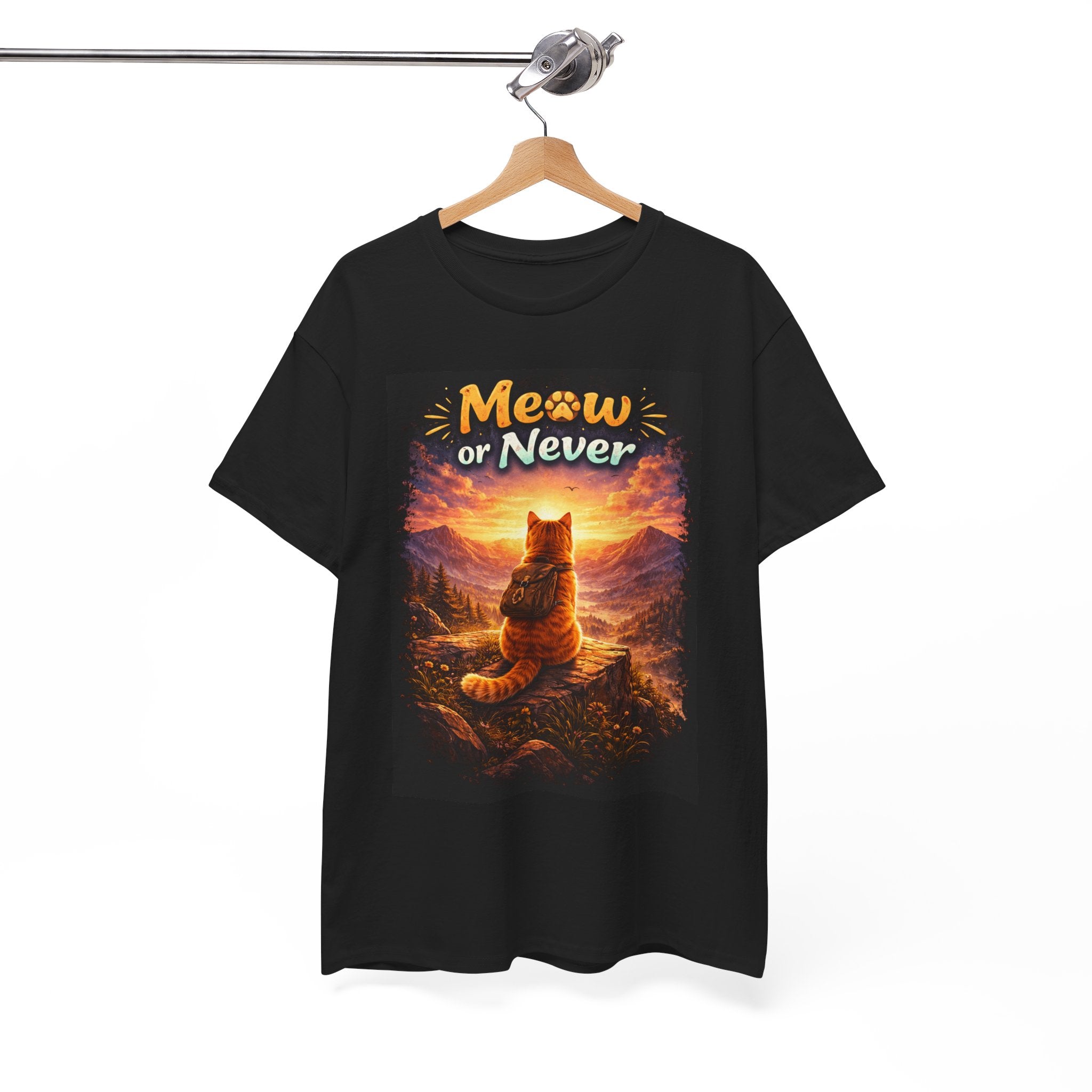 Meow or Never Cat T-Shirt — Sunset Cat Graphic Tee for Cat Lovers