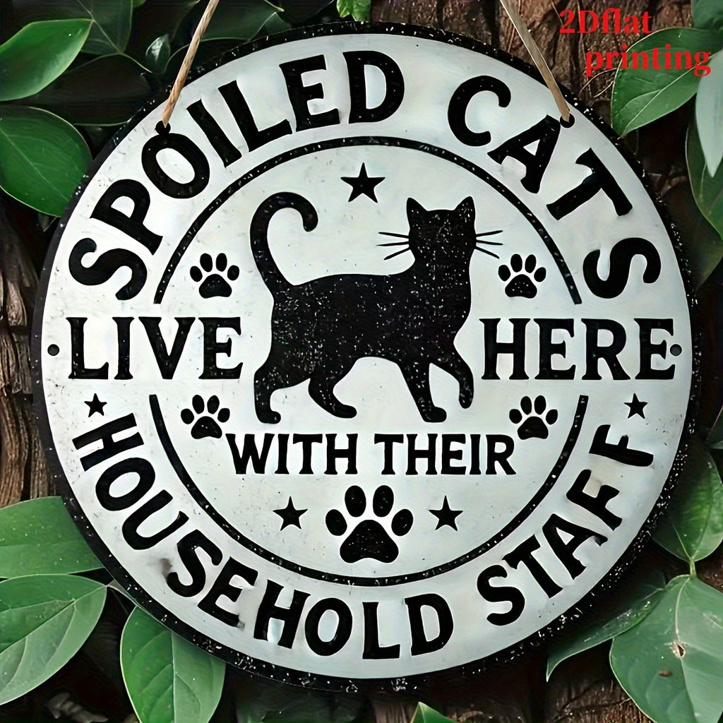 2D Flat - 1pc 2D Flat Design - Here Lives a Spoiled Cat And Their Household Staff Wooden Sign - 8X8 Inch Durable Artwork, Suitable for Bedroom, Kitchen, Dining Room, Bar Decoration, Unique Design, Easy to Hang, Suitable for Home, Office Or Gift, 2D Flat