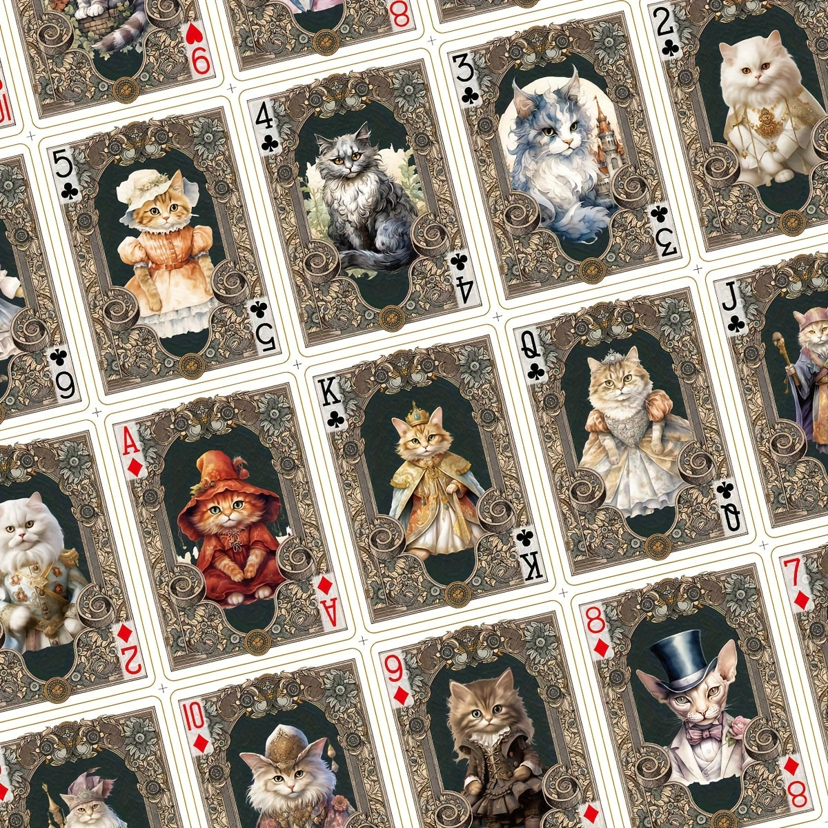 Victorian-style Court Cat Themed Playing Cards, 54 Uniquely Illustrated Non-repeating Cards, International Standard Size, Double-sided Anti-slip Texture Design, Black Core Paper Material, High-end Playing Cards, Suitable for Family Gatherings and