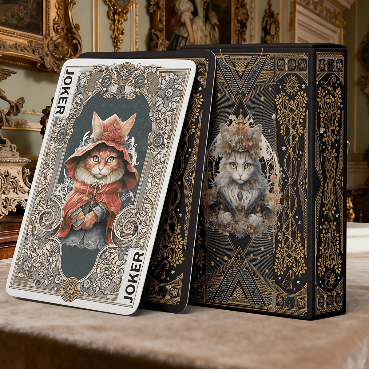 Victorian-style Court Cat Themed Playing Cards, 54 Uniquely Illustrated Non-repeating Cards, International Standard Size, Double-sided Anti-slip Texture Design, Black Core Paper Material, High-end Playing Cards, Suitable for Family Gatherings and