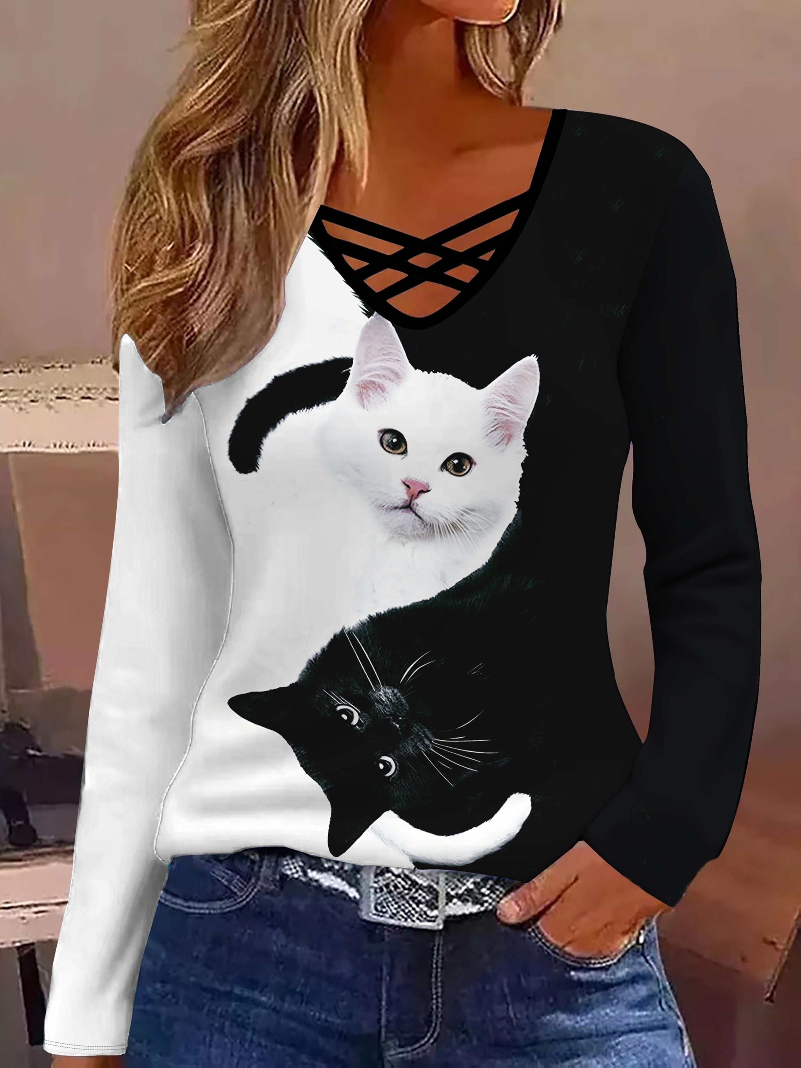 Elegant Women'S V-Neck Cross Strap Printed Long Sleeve T-Shirt Featuring Trendy 3D Black And White Cat Designs.